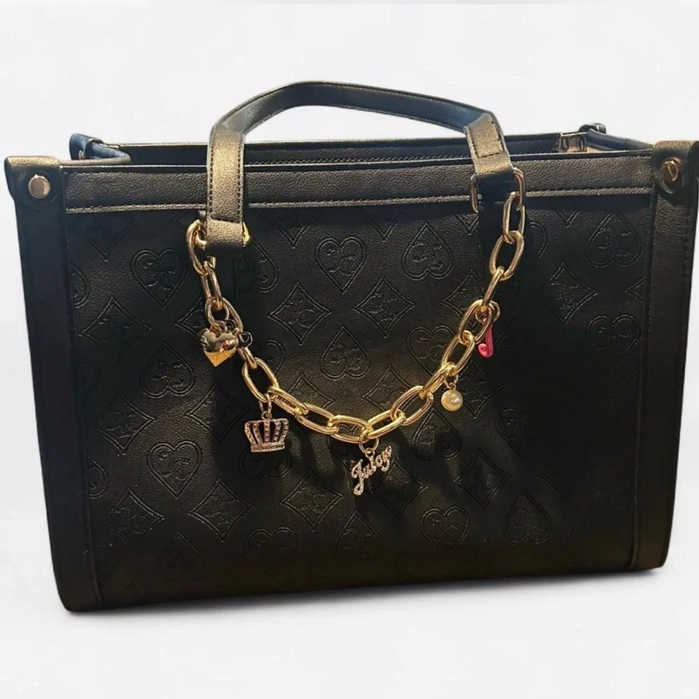 Juicy Couture Black Monogram Tote Bag Gold Chain Charm Shoulder Purse - Picture 4 of 6